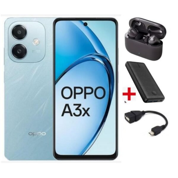 oppo a3x 6.67 inch' 128gbrom 4gb ram"battery: 5100mah"dual +powerbank+earpods+otg.